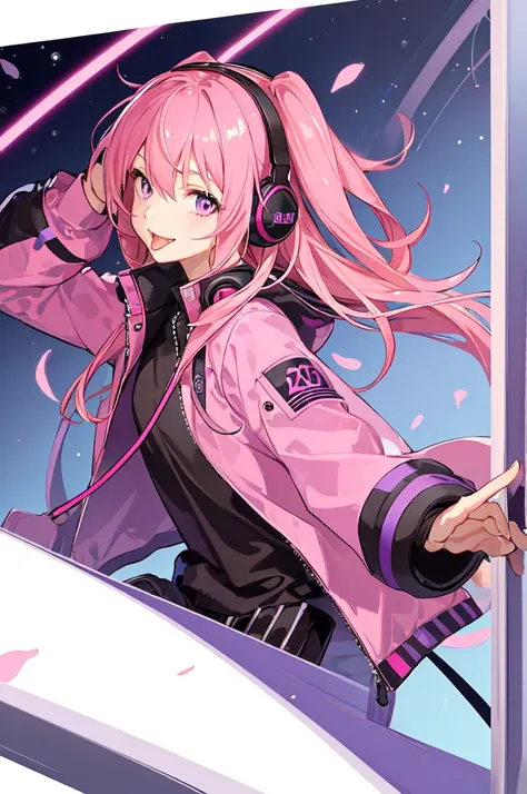 High resolution, Highest quality,(2.0)One girl, Pink Hair,Purple Jacket,Sticking out tongue,Headphones,Viewer&#39;s perspective、cap、Light blue eyes、