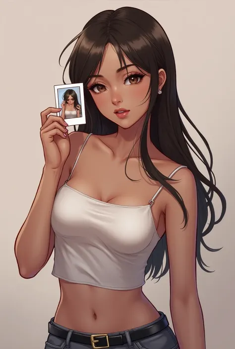 realistic, 1girl, posing, flirty, holding polaroid photo,