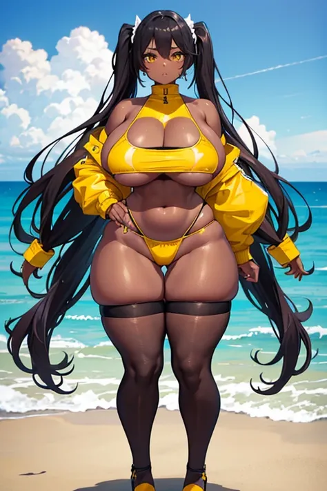 Young girl, Pullover, yellow bikini, mini bikini, whole body to see, disgusting face, angry, scream, pigtails hair , (( very wide hips)), (((colossal Thighs, gigantic thighs, very huge thighs, very big thighs))), fullbody, platform heels, tanned , brown sk...