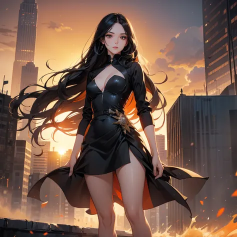 a beautiful woman with long black hair, wearing a tight orange dress, standing holding a pistol, aiming the barrel at the bad guys, on a tall building, the sun is setting.