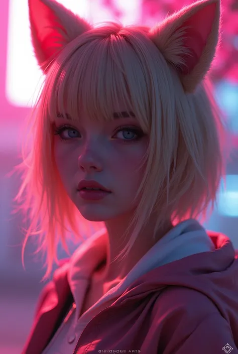 1girl, blond hair,  cat_ears, animal_ears, solo, dark_skin, tan_skin, foggy neon futuristic,  summer jacket, sakura falling, portrait style, looking_at_viewer, cinematic lighting,  eyeliner, makeup, emotional,  highly detailed, wide shot, sharp focus,    r...