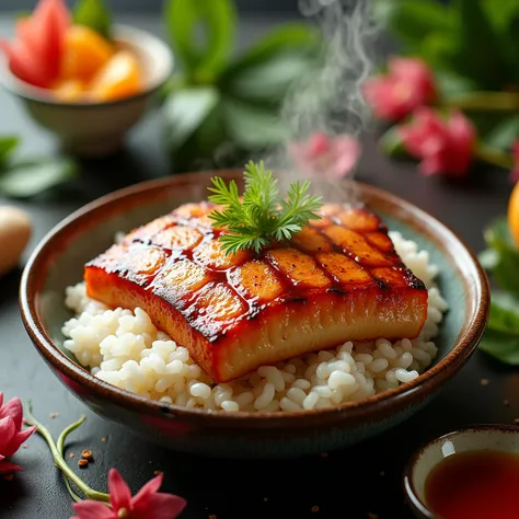 Advertising picture of Japanese grilled eel rice，Steaming hot grilled eel rice，There are some decorations next to it，Dynamic and bright colors