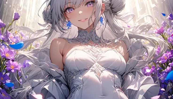 Highest quality, High resolution,Very detailed,Portraiture, Intricate white long dress, ((Modest clothing)), Are standing,Flower Field,Silver long hair,Hair Bun,smileの女性,Close up on abs, ((Medium Breast)), Beautiful attention to detail,Beautiful lip detail...