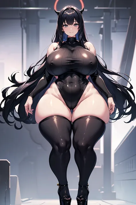 young girl, Pullover, high cut leotard, whole body to see, exited, smile, moans, blinding bangs hair,(( very wide hips)), (((colossal Thighs, gigantic thighs, very huge thighs, very big thighs))), fullbody, platform heels, pale skin, very Big breast, full ...