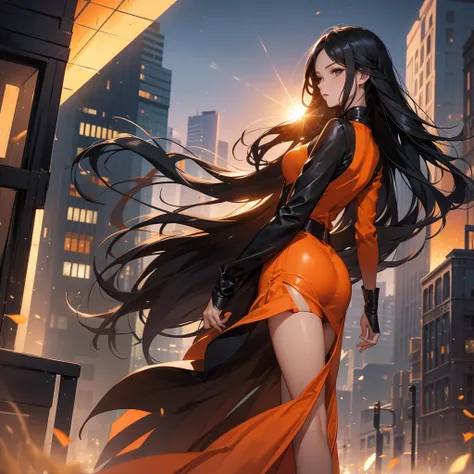 a beautiful woman with long black hair, wearing a tight orange dress, standing holding a rifle, aiming the barrel at the bad guys, on a tall building, the sun is setting.