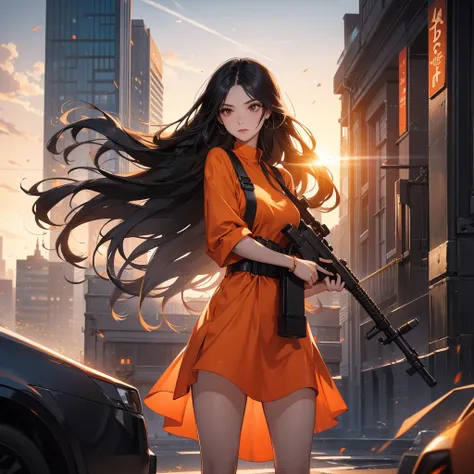 a beautiful woman with long black hair, wearing a tight orange dress, standing holding a rifle, aiming the barrel at the bad guys, on a tall building, the sun is setting.