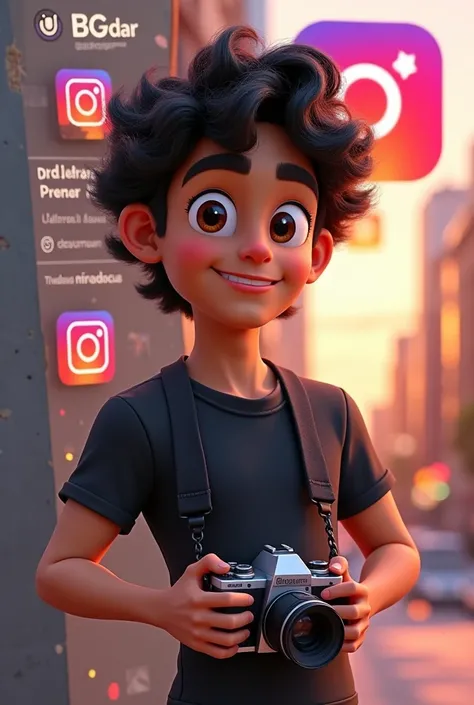 Create a 3D illustration of an animated dark-haired male character standing with camera in his hands casually next to a social media logo "instagramart". The character must wear a black t-shirt, curly frizzy hair, darkskin  , slightly slanted eyes, has an ...