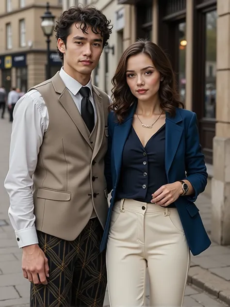 Front view, Full-body, couple is standing pose , on street , in London ,(1 male and 1 female is existence), (1 male Scottish Ｗhite young man, 1 boy is 18-age old), ( black hair, wavy perm handsome ), ( blue suit style, Jacket suit , vest, necktie, pants, (...