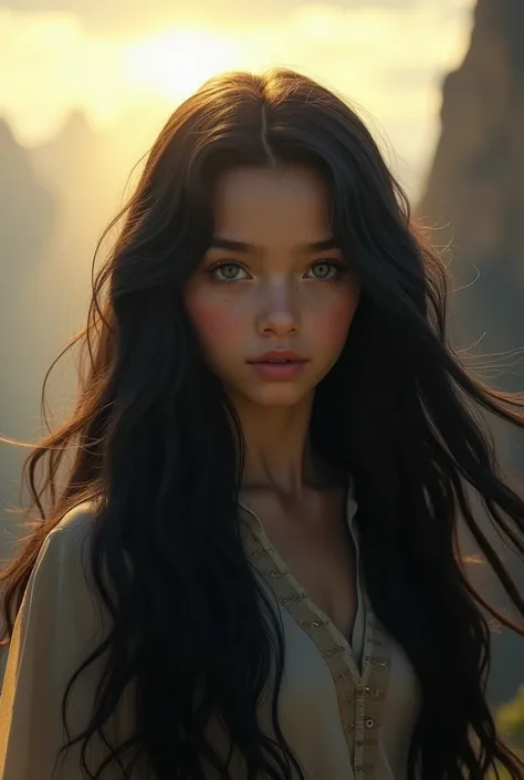 12 year old girl with long black hair with epic realism 

