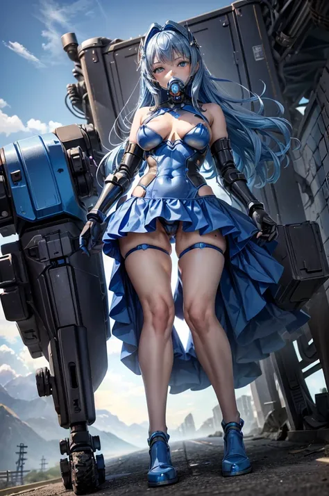 View from below angle from below girl mecha half cyborg, modifications, She has a curvy figure but a narrow waist., she has long blue hair, with blue eyes, with a gas mask on his face, cybernetic suit blue, costume parts with blue lights and LEDs, a multit...