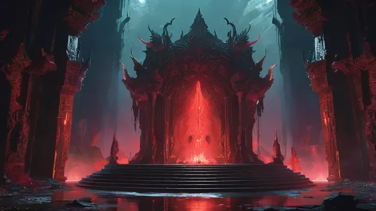 In the shadowy depths of a vast underground cavern, dimly lit by the ominous red glow of embedded crystals, Lorash, the formidable leader of the Sanguine, sits regally upon a stark, imposing stone throne. The throne is carved directly from the cavern’s col...