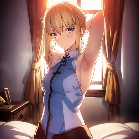 High resolution, 最high resolution,high resolution,{Things to know_f de stay night ufotable:1.15}, Rubio_ Best Quality, masterpiece, フルnude,Sweatだく,Blushing,smile,Armpitアップ,Sweat,Armpitを広げて見せている,bed,Moist,Blonde,whole body,pubic hairあり,Love juice,Armpit,sid...