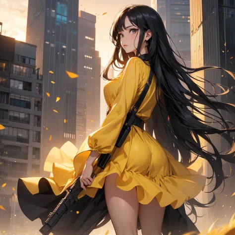 a beautiful woman with long black hair, wearing a tight yellow dress, standing holding a pistol, aiming the barrel at the bad guys, on a tall building, the sun is setting.