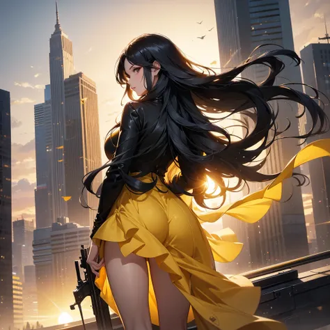 a beautiful woman with long black hair, wearing a tight yellow dress, standing holding a pistol, aiming the barrel at the bad guys, on a tall building, the sun is setting.