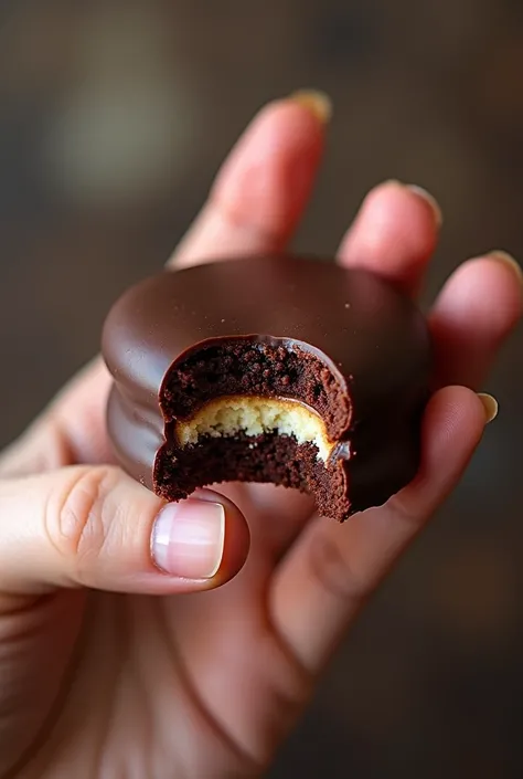 Create a hand holding an unfilled alfajor covered in dark chocolate 