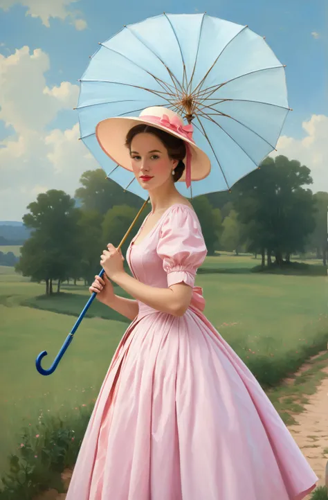 painting of a woman in a pink dress and hat holding a blue umbrella, inspired by Henriette Wyeth, painterly illustration, inspired by Francesco Hayez, a digital painting, standing with a parasol, in style of digital painting, an expressive digital painting...