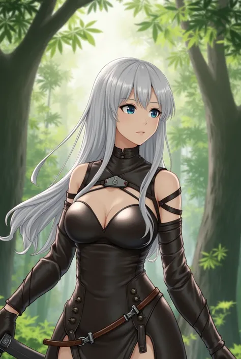 score_9, score_8_up, score_7_up, score_6_up, VitWaterStyle, 1girl, beautiful, white hair, long hair, bangs, fair skin, big breasts, leather armor, sword, forest, dappled sunlight, upper body, looking at viewe