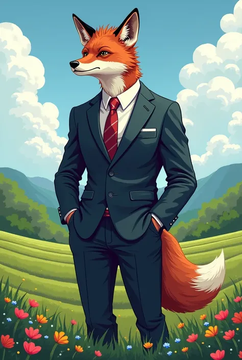 Sr.Fox, 8bit, , field, more masculine, suit, tired
