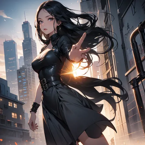 a beautiful woman with long black hair, wearing a tight gray dress, standing holding a pistol, aiming the barrel at the bad guys, on a tall building, the sun is setting.