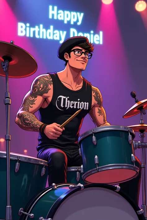 Animated muscular boy with tattoos and sleeveless Therion shirt, beret, reading glasses, playing drums, sitting at a concert that says Happy Birthday Daniel in the background 