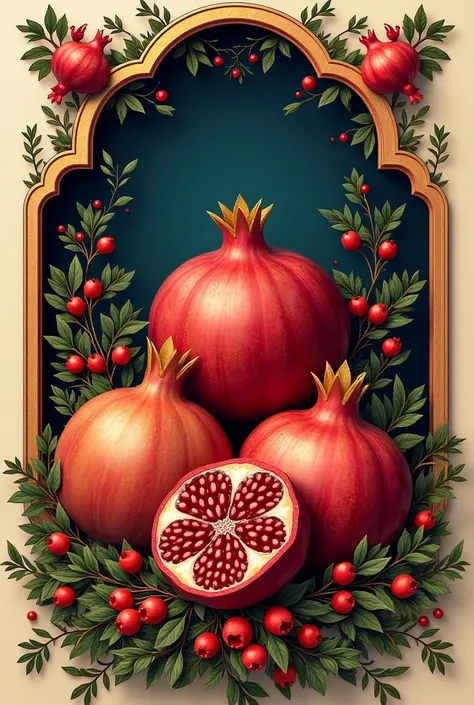 Wine bottle label with three pomegranate fruits, a whole one, another open at the top and the third one that is larger in size without a bottom that is inside a pomegranate-shaped frame and with a bottom outside the frame that has pomegranate bushes