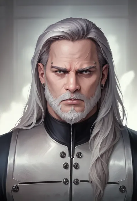 A handsome man in a tailored suit, piercing eyes, furrowed brow, long hair, beard, grey hair, serious expression, powerful and dominant presence, (best quality,4k,8k,highres,masterpiece:1.2),ultra-detailed,(realistic,photorealistic,photo-realistic:1.37),in...