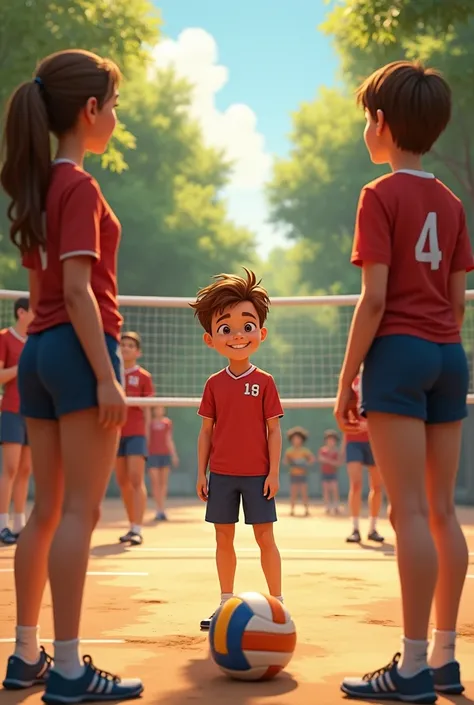 A boy talking to volleyball players 