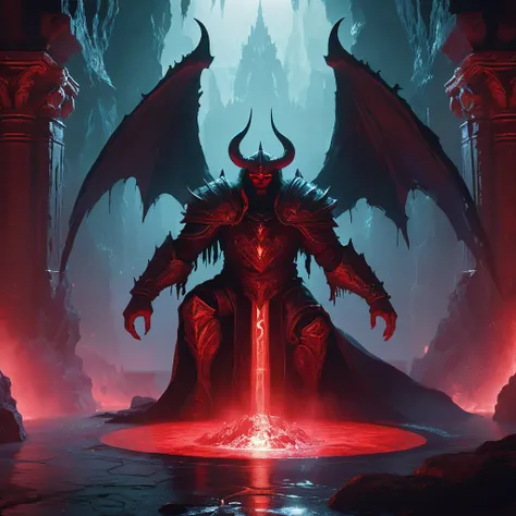 In the shadowy depths of a vast underground cavern, dimly lit by the ominous red glow of embedded crystals, Lorash, the formidable leader of the Sanguine, sits regally upon a stark, imposing stone throne. The throne is carved directly from the cavern’s col...