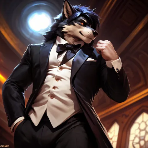 Wolf, Male, Solo, Wearing Tuxedo, Hair, Handsome Face, Sexy, Standing, Hands on Front, Looking away, Avoid Eye Contact, Fancy Ballroom Background, (Depth of Field, Vibrant Colors, dramatic Lighting, Natural Textures, Wide Angle Lens, Low Angle Close Side V...