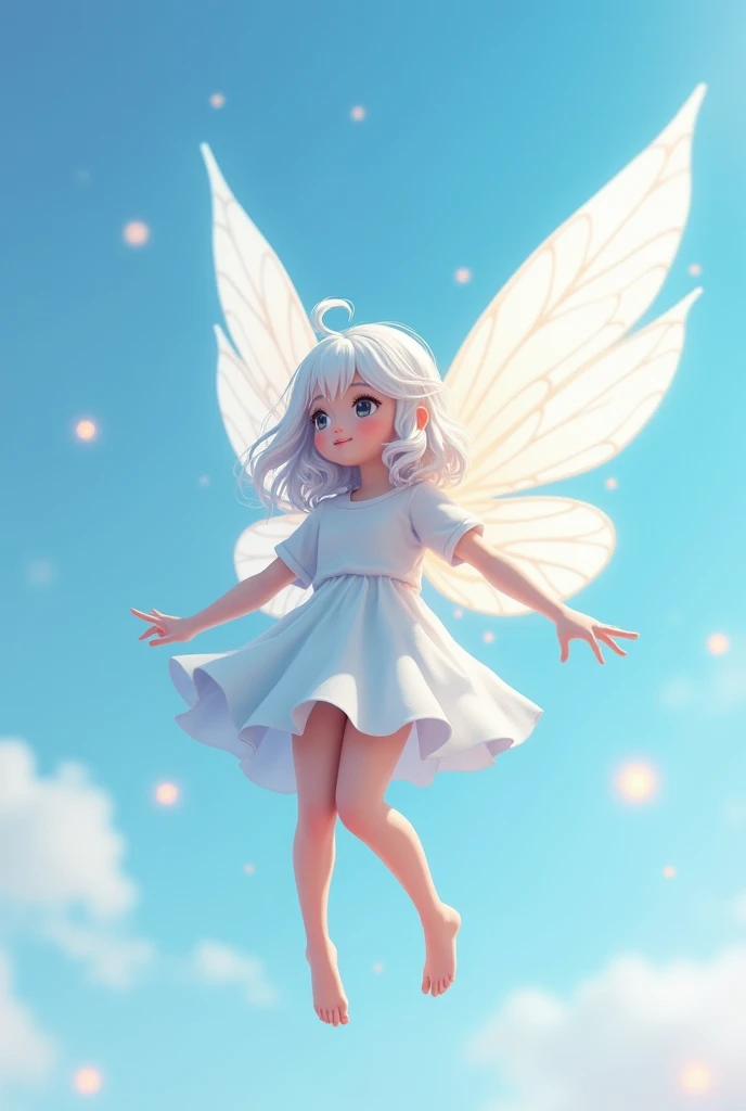 realistic girl, cute fairy, 4k, ultra realistic, white hair, wings, flying in a beuty sky, blue sky