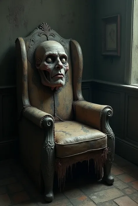 Create a horror image from the following story:

The Cursed Chair In a small town forgotten by time, There was a house that everyone avoided. It was an old mansion, that creaked with every breeze and where the shadows seemed to have a life of their own. Th...