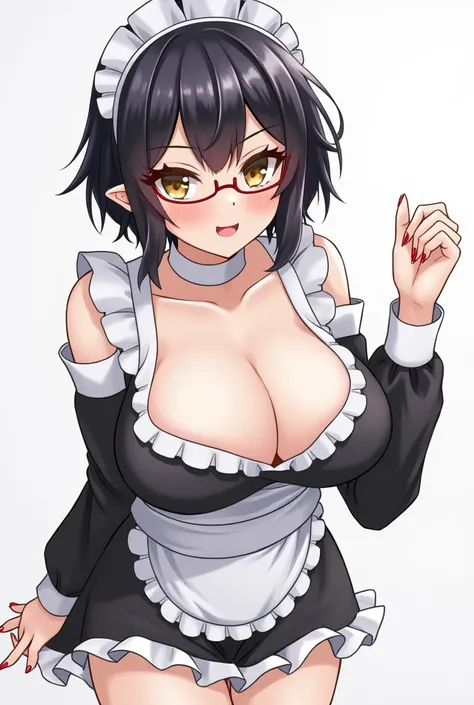  1girl, gorgeous girl , kawai girl , cute face, cute smile, cute cheeks , vampire teeth, elves ears, beautiful eyes, specs , black hair, bangs , (((short fluffy hair))) , ((maid outfit)), ((large saggy breast)), (((cleavage))), bend forward ,wet body, stan...