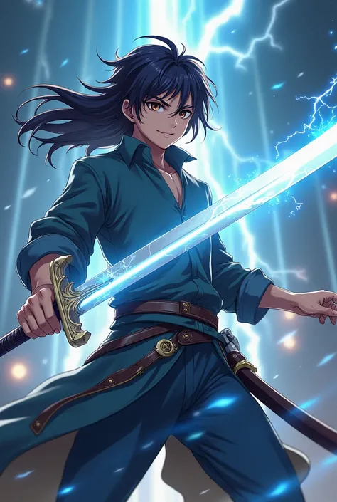 12 years old, man, handsome, beautiful smile, shy, long hair, samurai, muscular, Magic Sword Box, 12 Sword, Power Sword Telekinesis, Lightning God Powerful Fight, Swordsman, Sword Aura. Master of Swords. Anime manga style. 