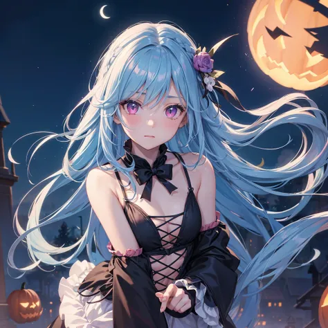 (Sky Blue Hair),(Braided medium hair), (Pink Eyes),Fair skin) ,(whole body),(One Girl),(Crescent Moon),(There are many pumpkin ghosts in the background),(Trick or Treat),Halloween Night Party),(masterpiece, Highest quality, Very detailed, Best Shadow), (De...