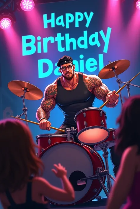 Animated muscular guy with tattoos wearing a sleeveless Therion shirt, beret, reading glasses, playing drums sitting at a concert that says Happy Birthday Daniel in the background and a chubby rocker fan girl in love with how he plays drums 