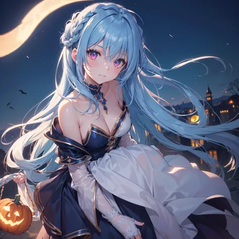 (Sky Blue Hair),(Braided medium hair), (Pink Eyes),Fair skin) ,(whole body),(One Girl),(Crescent Moon),(There are many pumpkin ghosts in the background),(If you dont give me sweets, Ill be mischievous.),Halloween Night Party),(masterpiece, Highest quality,...