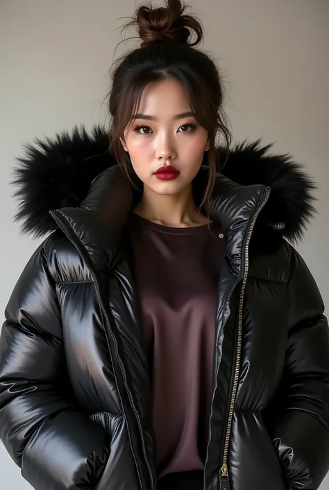 chubby Chinese woman, messy brown hair,  heavy makeup, dark red lipstick, big pouting lips, wearing a very large tight shiny ) puffer coat, thick eyebrows, photorealistic, masterpiece, moncler, fluffy fur hood, attitude on her face, hair tied on top, large...