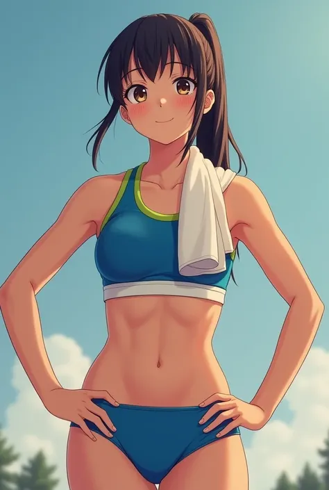 a japanese cute girl, 18years old,  wearing colorful track uniform, standing, hands on hips, navel, tone body, masterpiece, 4k, perfect face, good anatomy, at track, side face, (((sweat face))), photo, towel on neck and swipe sweat, smile, 