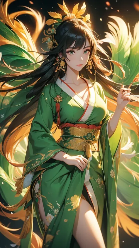 best quality,masterpiece,Ultra-high resolution,(truthfully:1：0),Antique dance ,Nine-tailed Fox Girl,long hair shawl,Wearing a Japanese kimono（Green）,There is a big feather fan behind