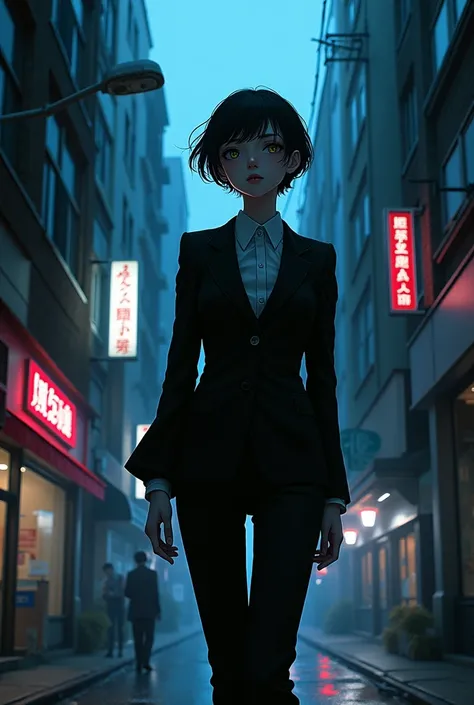 masterpiece, best quality, very aesthetic, absurdres by sadamoto yoshiyuki, 1girl, aged up walking in the alley short hair black suit white collar shirt wind perspective from below cyberpunk, neon