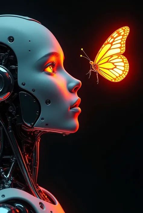 A striking illustration of a robots face, illuminated by a soft red light, captivated by a radiant butterfly hovering above it. The robots metallic features are intricately detailed, and its large, expressive eyes convey a sense of wonder and curiosity. Th...