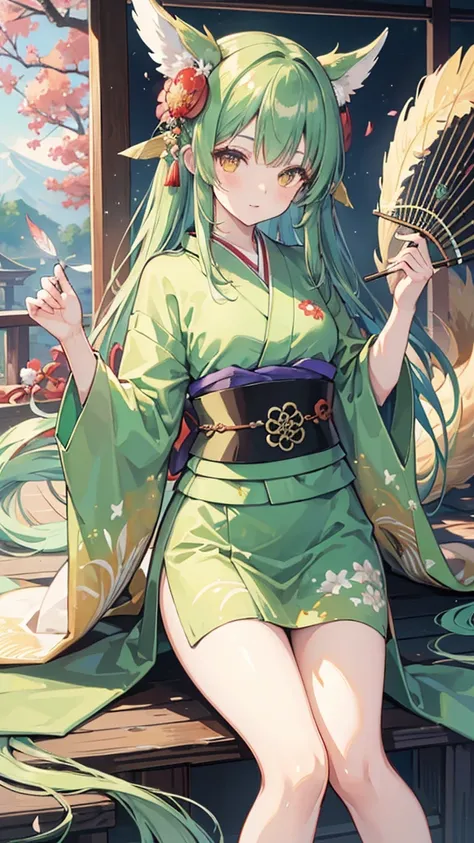 best quality,masterpiece,Ultra-high resolution,(truthfully:1：0),Antique dance ,Nine-tailed Fox Girl,long hair shawl,Wearing a Japanese kimono（Green）,There is a big feather fan behind