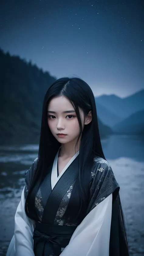 Delicate and dainty young woman with shiny long black hair . She is wearing symple kimono. The background is a fantastic and ethereal night sky that seems to be haunted by a specter. Her expression is stern and atmospheric. 