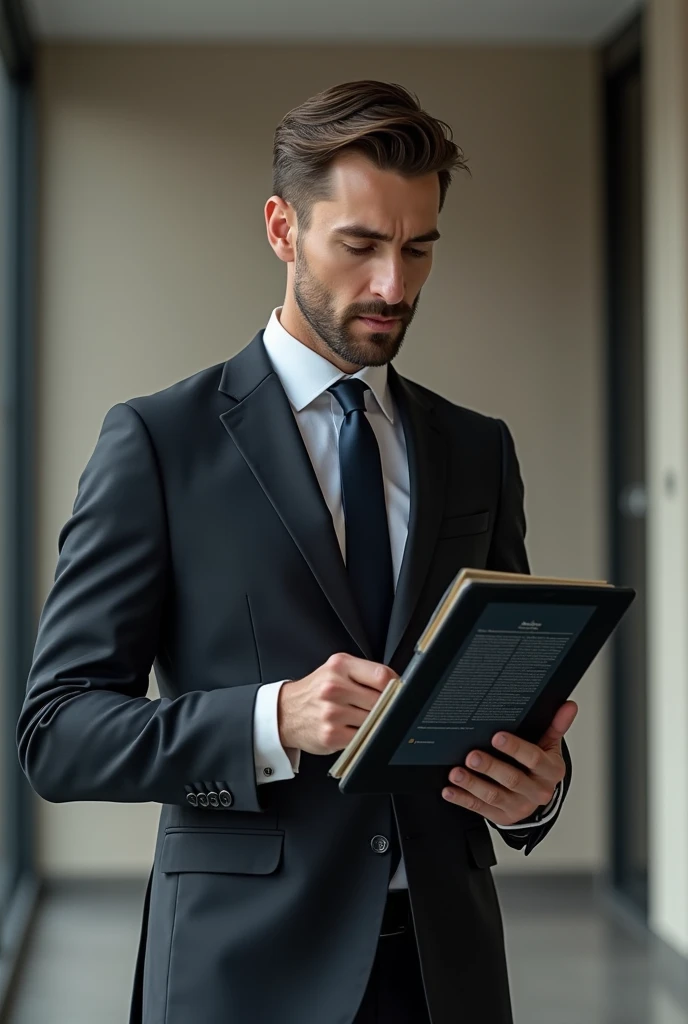 Man in suit holding an ebook on how to tie a tie 