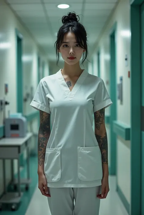 Korean women,Beautiful,40 years old,thick bodied,tattooed white skin,big chested,big ass,thick thighs,seductive smile expression,black hair color in bun,brown eye color,dressed as a nurse,full body photo distance,dynamic point of view,wide open legs model ...