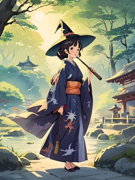 japanese woman wearing kimono, witch, cartoon, holding pipe, japanese environment background