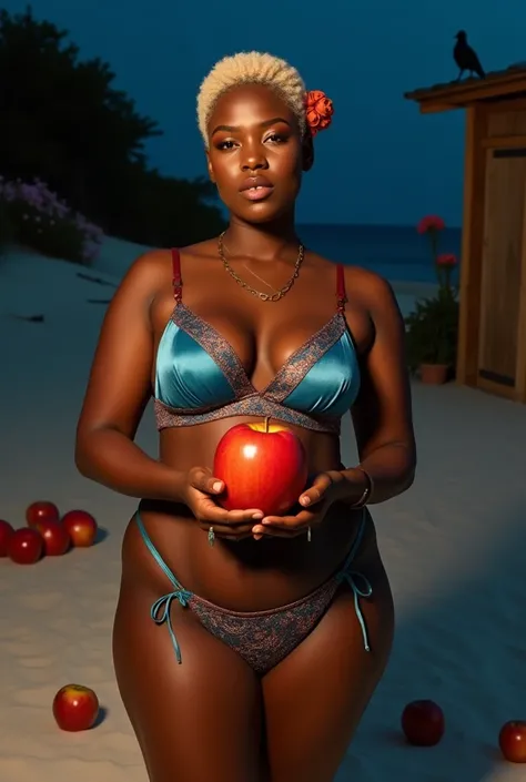 (from above:1.925), fluffy turned, RAW uhd portrait photo of a african goddess in lace lingerie woman. (She stands before us, showcasing a large red apple delicately cradled in both hands). bootylicious modelshoot, (flawless face), cute face, chubby face, ...