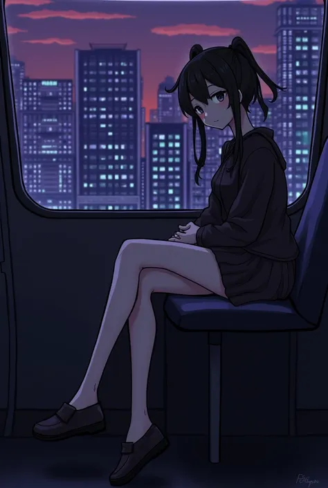 score_9, score_8_up, score_7_up, score_6_up, HRMN, detailed drawing, 1girl, flat chest, skinny, cute face, (tight fit), sitting on train, late evening, twin tails haircut, crossing legs, tight skirt, NEOST, low key, dark theme, neon lights