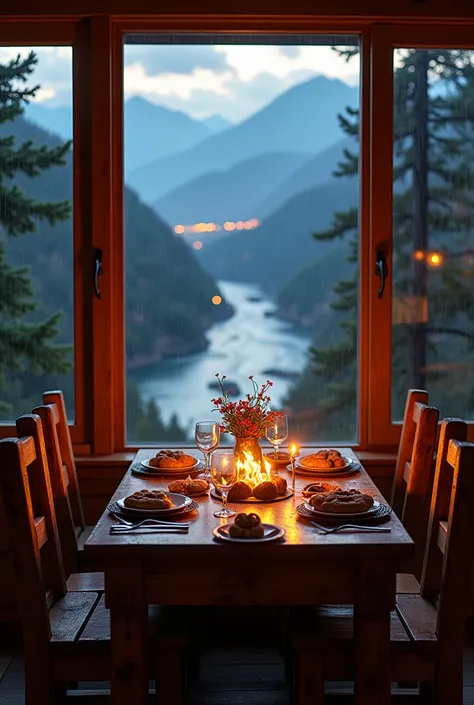 A dining room with a view of a river and a mountain landscape with wooden furniture, romantic with a fireplace and two huge windows to make a bigger picture, that the dining room can be seen more and with more romantic and cabin-like furniture on a rainy d...