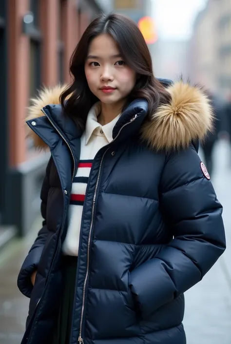 cute 16 year old Chinese woman,wearing a very large navy blue tight shiny puffer coat, thick eyebrows, photorealistic, masterpiece, moncler, fluffy fur hood, , wavy hair, large breasts, open coat, school uniform, white blouse, pleated skirt